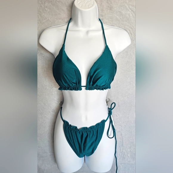 89.🆕Small Emerald Green String Bikini Set with Ruffle Trim – Size Small NWOT - Picture 2 of 3